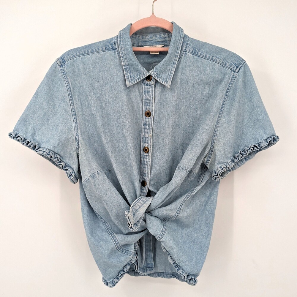 Vintage y2k Denim Shirt Ruffle Embroidered Sunflower Cottagecore Size Large
